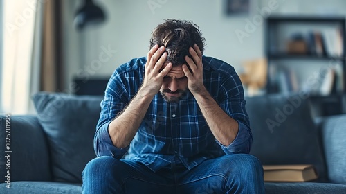  Stressed man holding head in hands while sitting on couch in home office during difficult day 