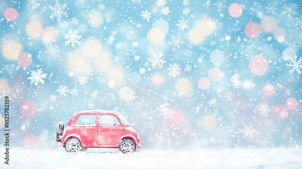 Red car in magical snowfall with pastel bokeh background Red car in magical snowfall with pastel bokeh background