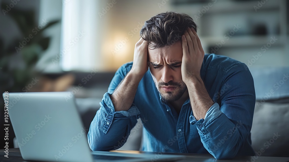  Stressed man holding head in hands while sitting on couch in home office during difficult day 