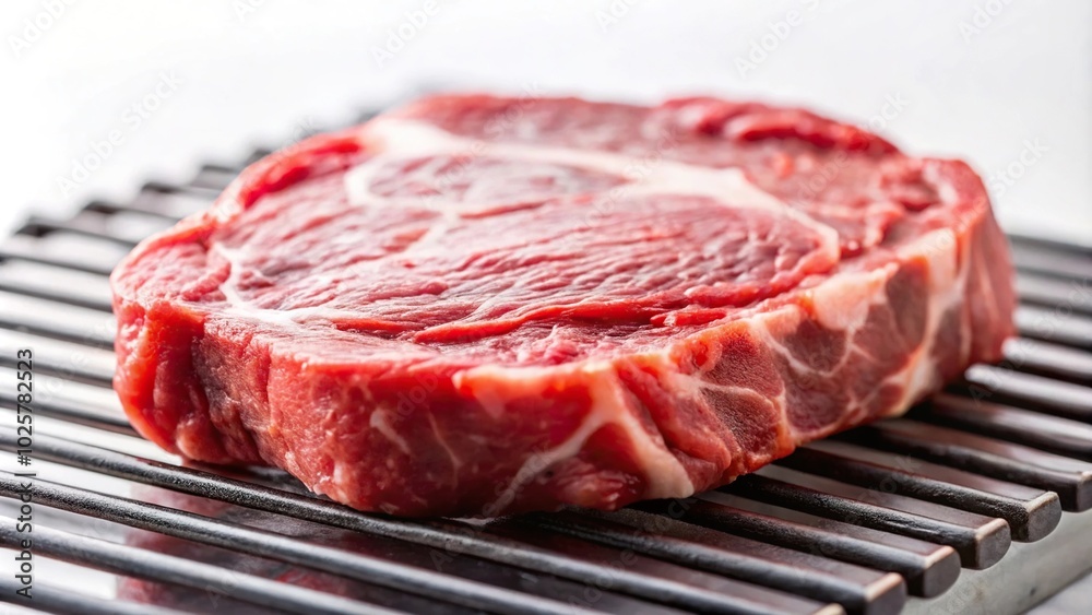 Close-up of raw meat chops on a grill with a white background, shallow depth of field Close-up of raw meat chops on a grill with a white background, shallow depth of field