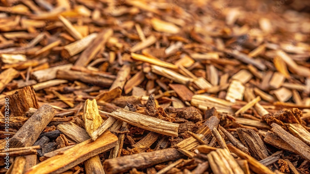 Close-Up of recycled wood chips from tree bark mulching enriching soil in sustainable farming Close-Up of recycled wood chips from tree bark mulching enriching soil in sustainable farming