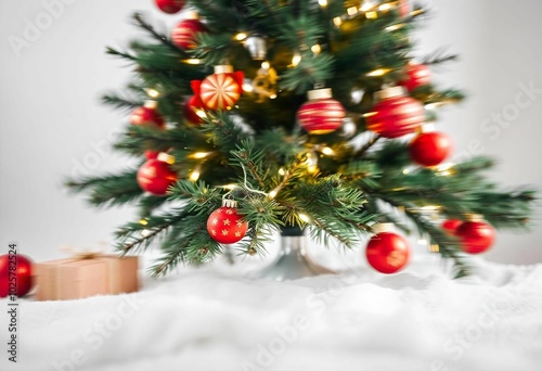 A decorated Christmas tree with green pine branches, red and gold ornaments, and twinkling lights, white background