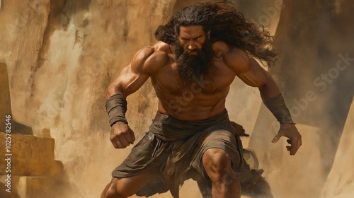 Biblical, might Samson, less muscular, long hair and beard photo