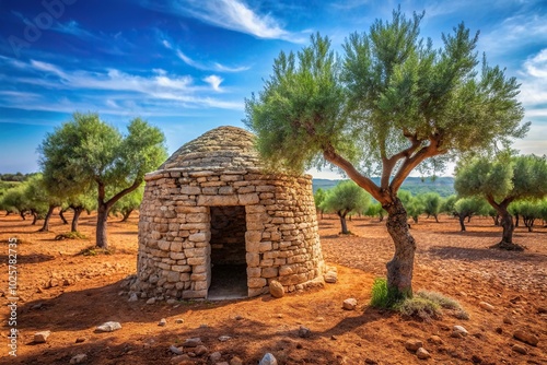 Close-up of red Istrian soil stonemade shelter and olive trees photo