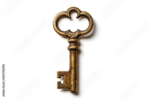 Golden vintage key in old condition isolated on white background