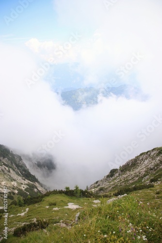 peak in the Austrian Alps. It's foggy