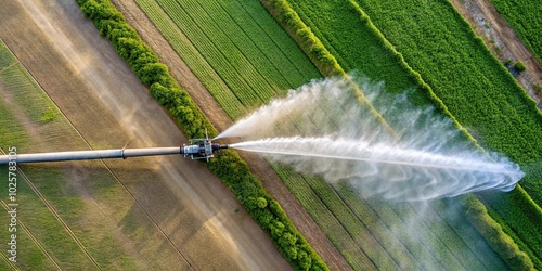 Cracked irrigation pipe spurting water jet in aerial view photo