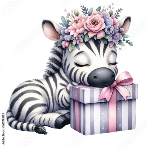 Zebra sleeping on a gift box clipart watercolor