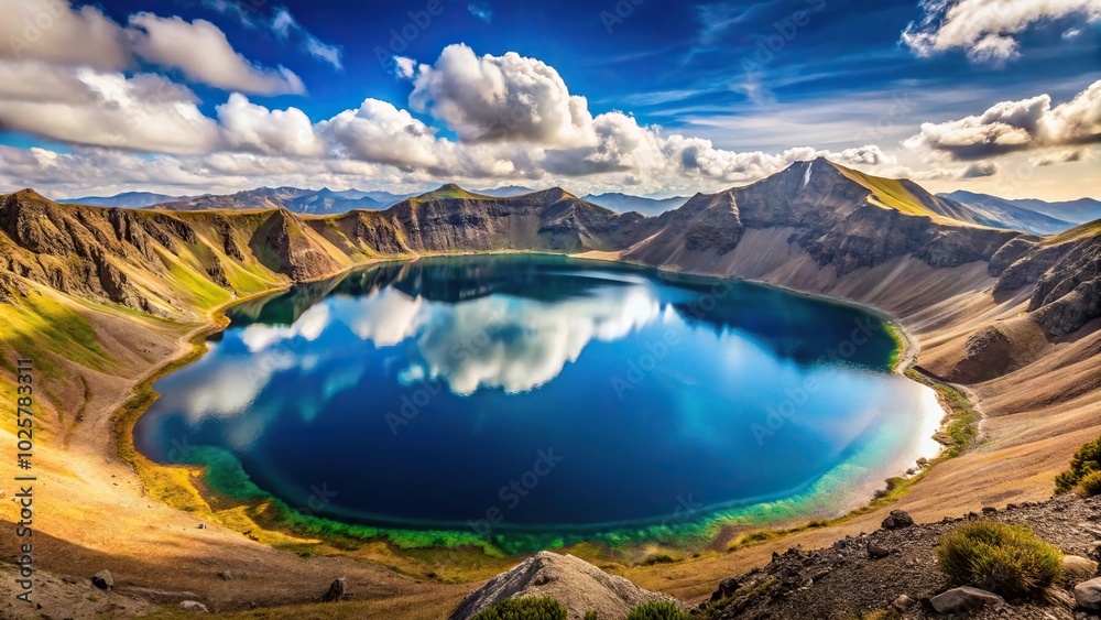 Fototapeta premium Crater lake at the base of volcano in the Andes Tilted Angle