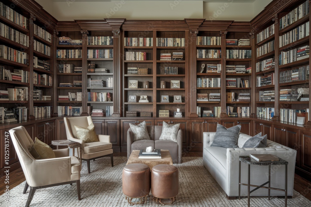 A large room with a lot of bookshelves and a couch A large room with a lot of bookshelves and a couch