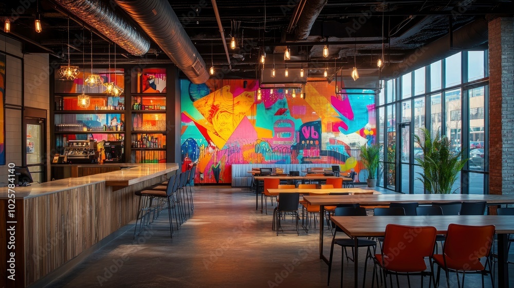 A modern downtown coworking space with a creative twist, featuring vibrant murals, industrial lighting, and an open layout. Entrepreneurs, artists, and tech professionals share ideas and work on A modern downtown coworking space with a creative twist, featuring vibrant murals, industrial lighting, and an open layout. Entrepreneurs, artists, and tech professionals share ideas and work on