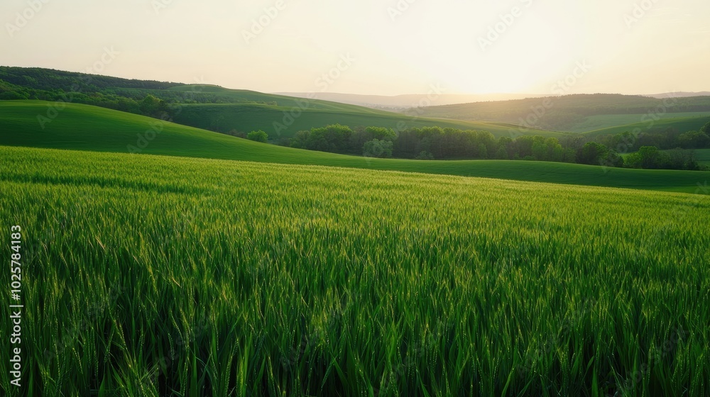 Fototapeta premium Lush Green Field Under a Vibrant Sunset
