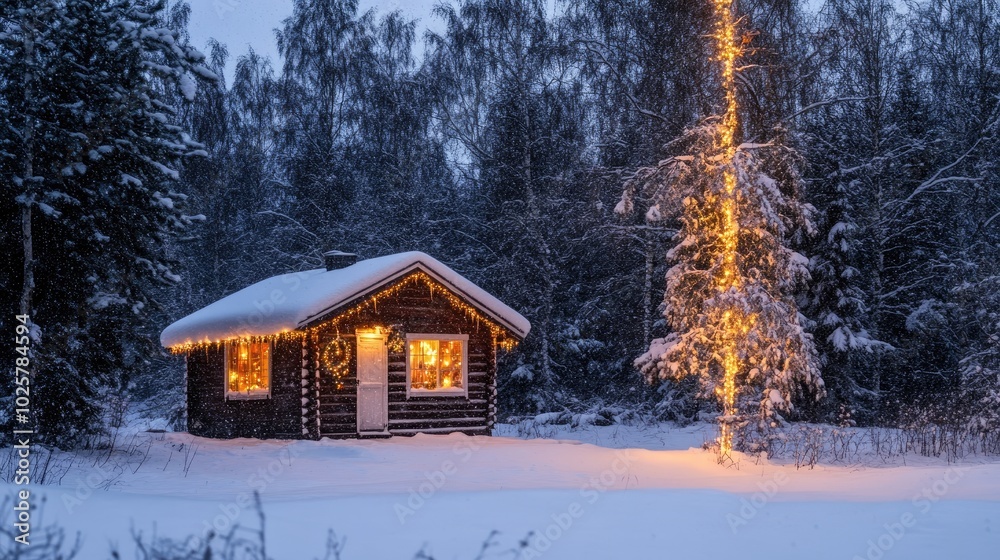 Cozy Winter Cabin with Snow and Holiday Lights Cozy Winter Cabin with Snow and Holiday Lights