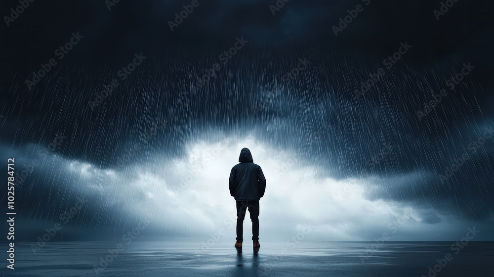 A person standing under a dark, stormy sky, with rain pouring down, symbolizing gloom and negativity. A person standing under a dark, stormy sky, with rain pouring down, symbolizing gloom and negativity.