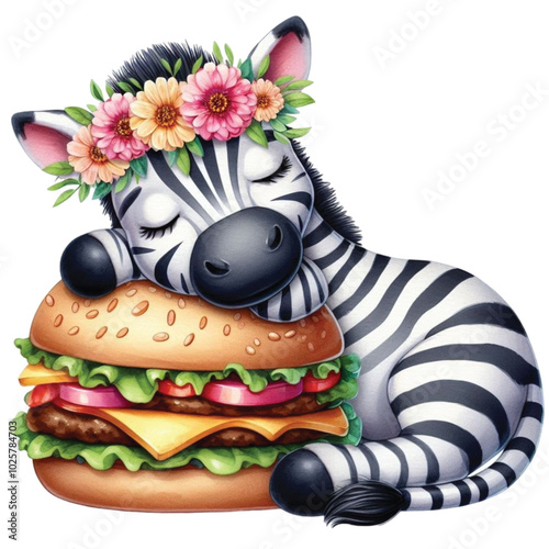 Zebra sleeping on a hamburger clipart watercolor