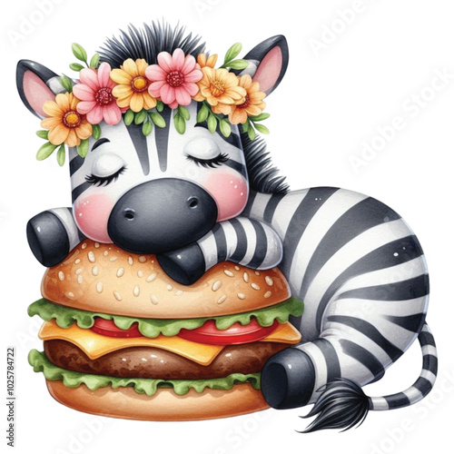 Zebra sleeping on a hamburger clipart watercolor