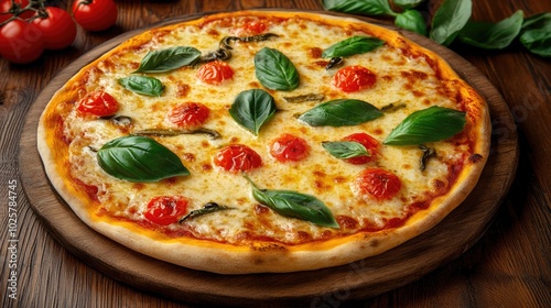 Freshly Baked Pizza with Basil and Cherry Tomatoes