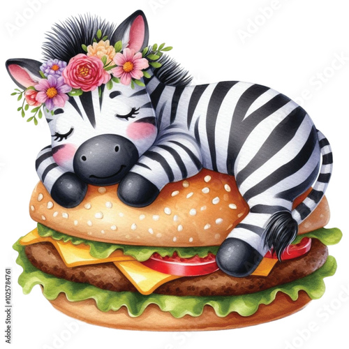 Zebra sleeping on a hamburger clipart watercolor