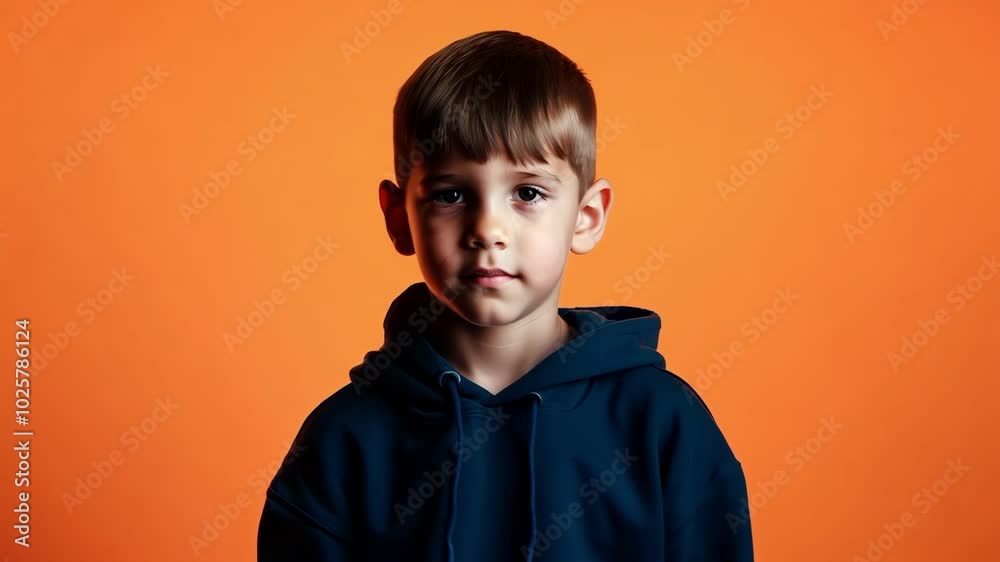 Portrait of young boy in blue hoodie against vibrant orange background Portrait of young boy in blue hoodie against vibrant orange background