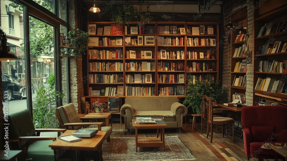 A cozy downtown bookstore that has been converted into a creative space, with shelves of books, comfortable armchairs, and a small cafe. Writers and artists work on their projects, surrounded by the A cozy downtown bookstore that has been converted into a creative space, with shelves of books, comfortable armchairs, and a small cafe. Writers and artists work on their projects, surrounded by the