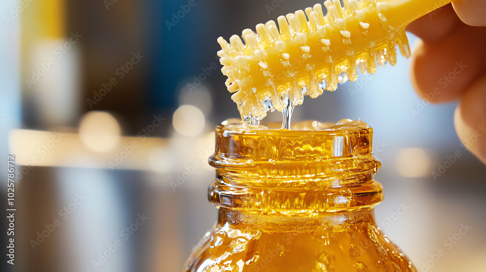 Close-up of a hand holding a brush extracting golden honey from a jar, showcasing the sticky texture and rich color.