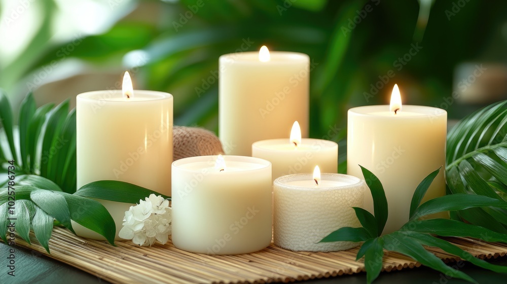 Elegant Display of Natural Candles on a Leafy Background Elegant Display of Natural Candles on a Leafy Background