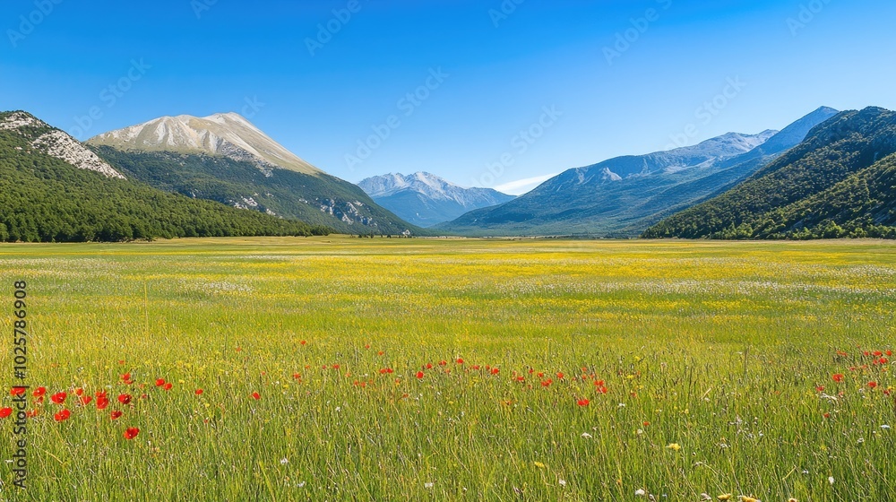 Fototapeta premium Vibrant Green Field Under Clear Blue Sky