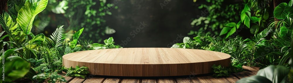 A circular wooden platform surrounded by lush greenery, perfect for showcasing products or presentations in nature-inspired settings A circular wooden platform surrounded by lush greenery, perfect for showcasing products or presentations in nature-inspired settings