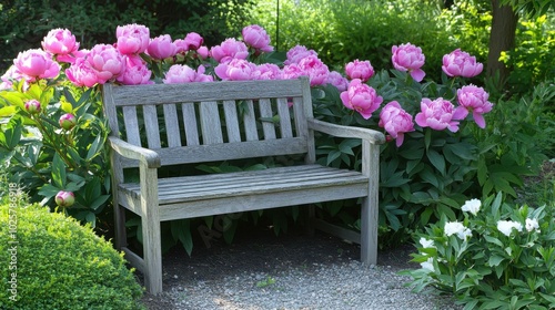 A charming wooden bench placed in a garden of blooming peonies, inviting quiet moments in the morning sun