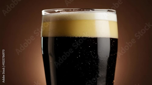camera films rotation of a perfectly poured pint of guinness beer with rim light and a dark brown background