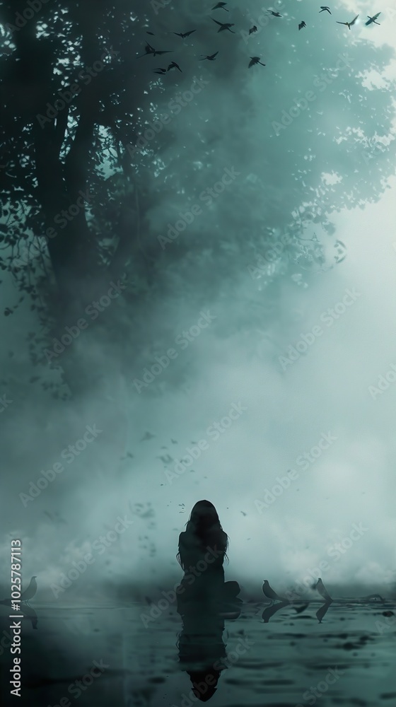 Silhouette of a Woman in Foggy Forest Silhouette of a Woman in Foggy Forest