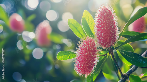 Close-up of vibrant pink flowers with lush green leaves, illuminated by soft sunlight, creating a serene and refreshing atmosphere.