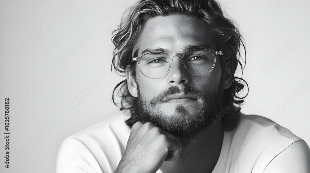 Black and White Portrait of a Handsome Man with Long Hair Wearing Glasses and a White T-Shirt Black and White Portrait of a Handsome Man with Long Hair Wearing Glasses and a White T-Shirt