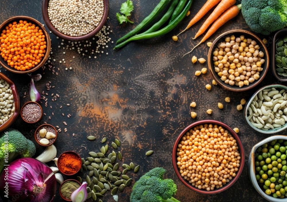 Healthy food ingredients, vegetables, legumes and seeds on a rustic background Fresh carrots, green beans, chickpeas, and quinoa in bowls create a vibrant, colorful arrangement Healthy food ingredients, vegetables, legumes and seeds on a rustic background Fresh carrots, green beans, chickpeas, and quinoa in bowls create a vibrant, colorful arrangement