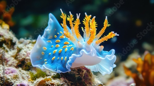 Light blue nudibranch mollusk with yellow rhinophores and tentacles sitting on reef in sea depth photo