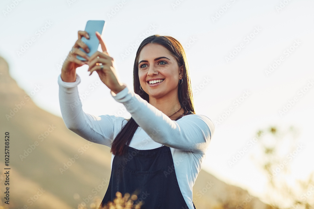 Happy woman, mountain or selfie with photography for hiking, picture or outdoor memory. Young, female person or tourist with smile for moment, capture or social media on tour trip or travel in nature Happy woman, mountain or selfie with photography for hiking, picture or outdoor memory. Young, female person or tourist with smile for moment, capture or social media on tour trip or travel in nature
