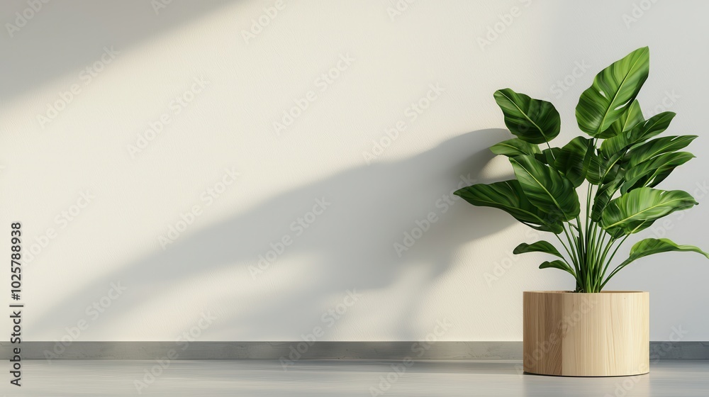 A vibrant indoor plant in a wooden pot against a minimalist wall, adding a touch of nature and elegance to modern interiors