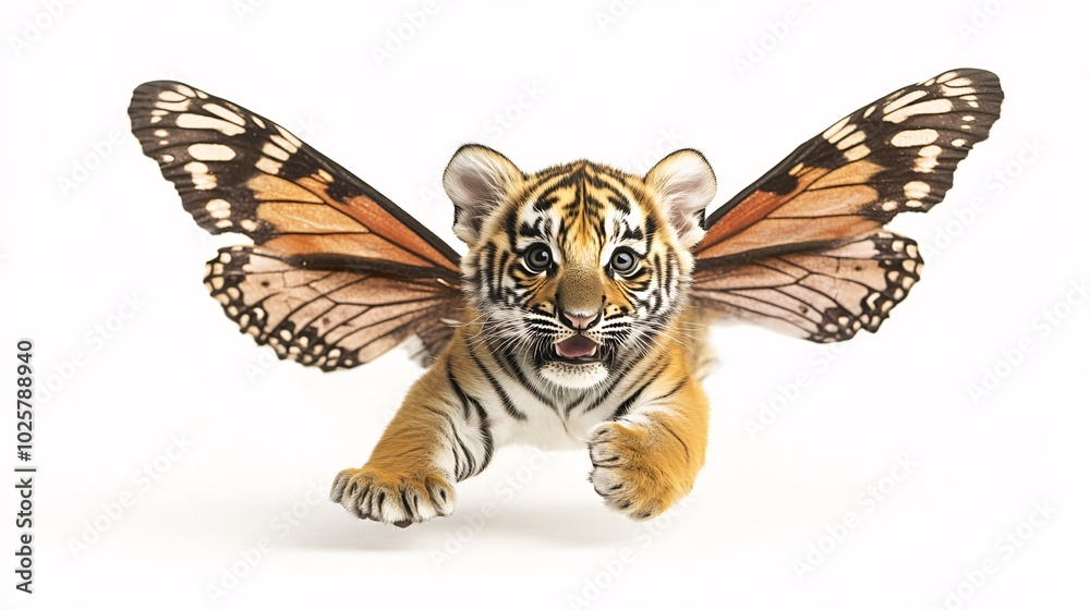 Joyful Tiger Cub with Butterfly Wings in Motion Joyful Tiger Cub with Butterfly Wings in Motion