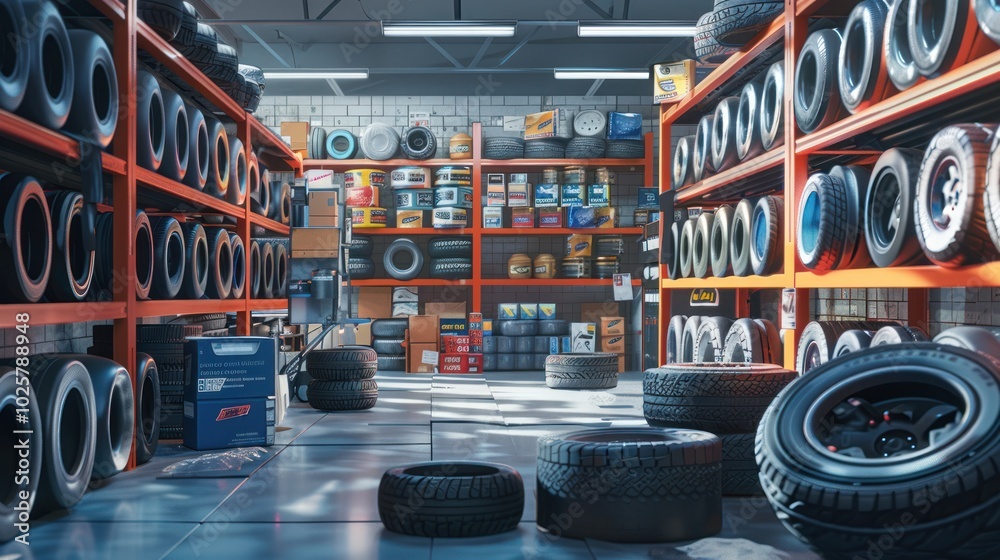 Obraz premium A Tire Warehouse Interior with Stacks of Tires and Car Parts