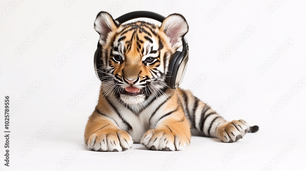 Obraz premium Young Tiger Cub Enjoying Music with Headphones