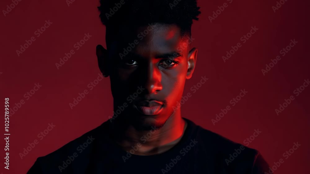 Moody portrait of a serious young man in dramatic lighting Moody portrait of a serious young man in dramatic lighting
