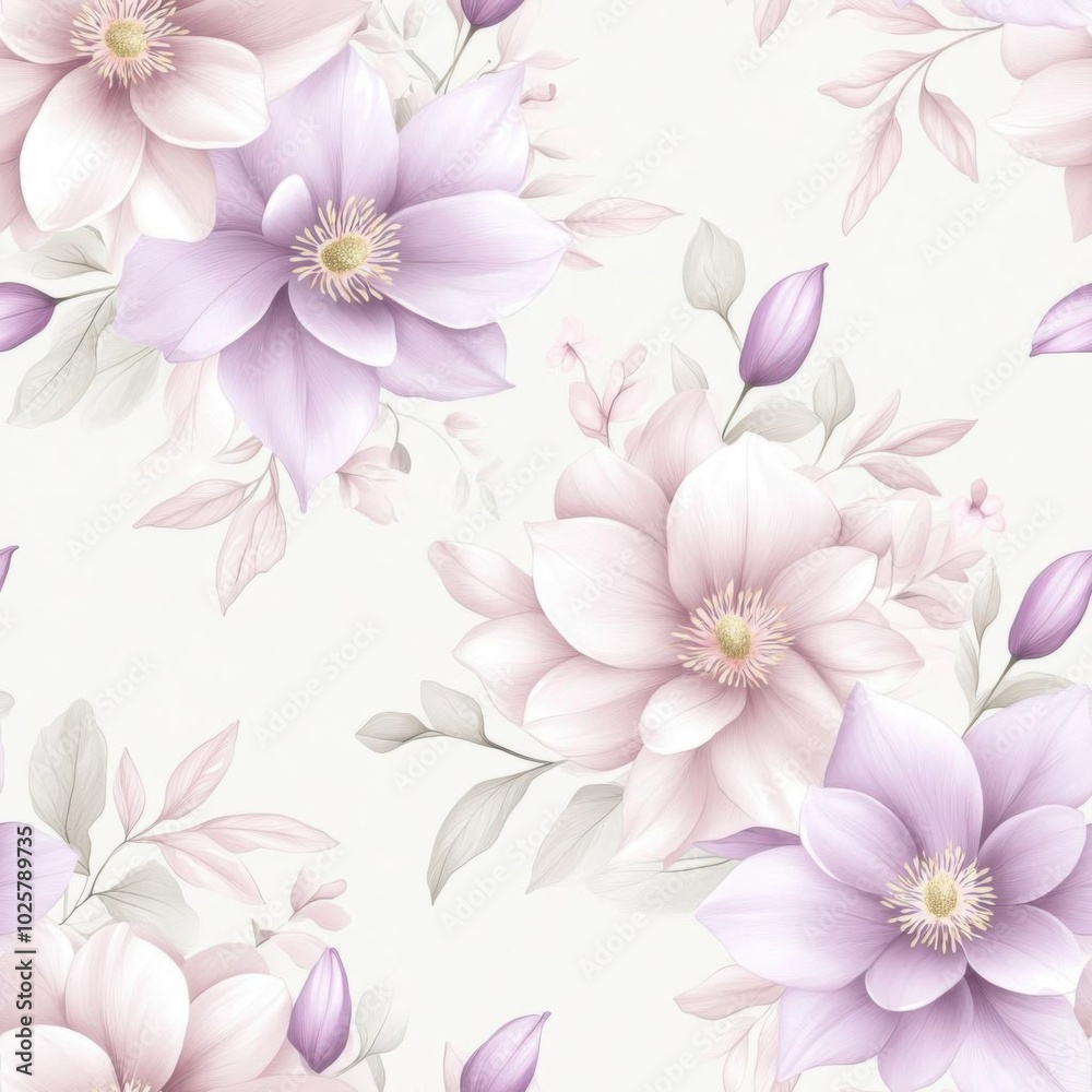 Delicate floral pattern featuring soft purple and pink flowers, perfect for wallpapers and textile designs. Delicate floral pattern featuring soft purple and pink flowers, perfect for wallpapers and textile designs.
