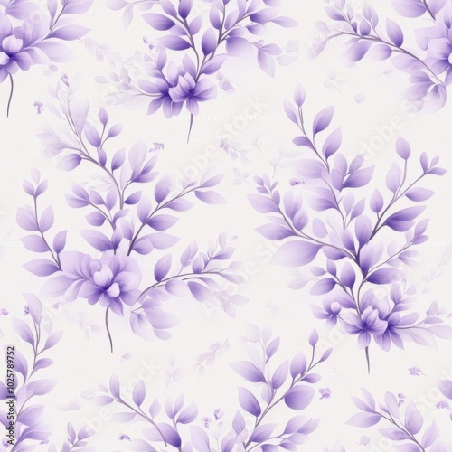 Delicate floral pattern featuring soft purple leaves and blossoms on a light background, perfect for wallpapers and textiles.