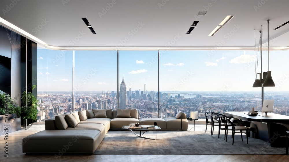 Fototapeta premium Modern living room with panoramic city view, featuring sleek furniture and a dining area.