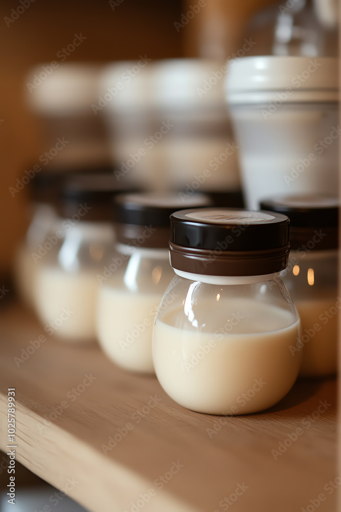 Artistic view of small jars filled with creamy substance, arranged neatly on a wooden shelf, showcasing minimalist design. Artistic view of small jars filled with creamy substance, arranged neatly on a wooden shelf, showcasing minimalist design.