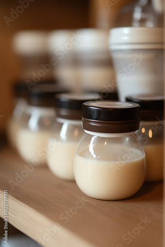 Artistic view of small jars filled with creamy substance, arranged neatly on a wooden shelf, showcasing minimalist design.