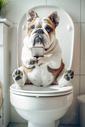 Bulldog looking at smartphone in toilet generated by AI