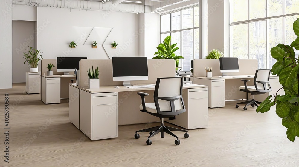 Minimalist openplan office with geometric furniture, neutral tones, and high ceilings, creating a sense of space and productivity, openplan workspace, modern efficiency Minimalist openplan office with geometric furniture, neutral tones, and high ceilings, creating a sense of space and productivity, openplan workspace, modern efficiency