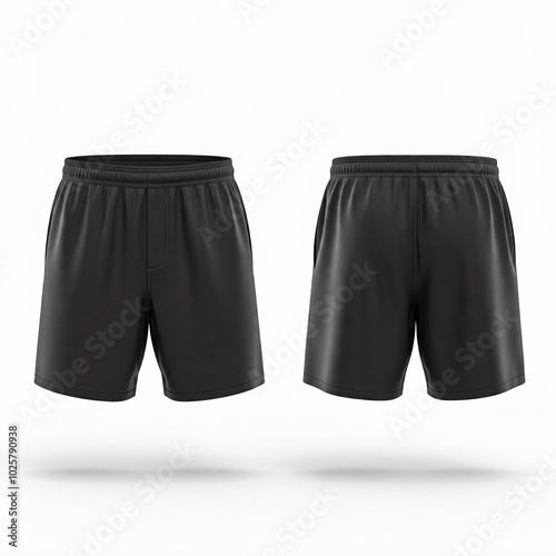 blank black sport shorts mockup 3d render front and back view isolated on white background