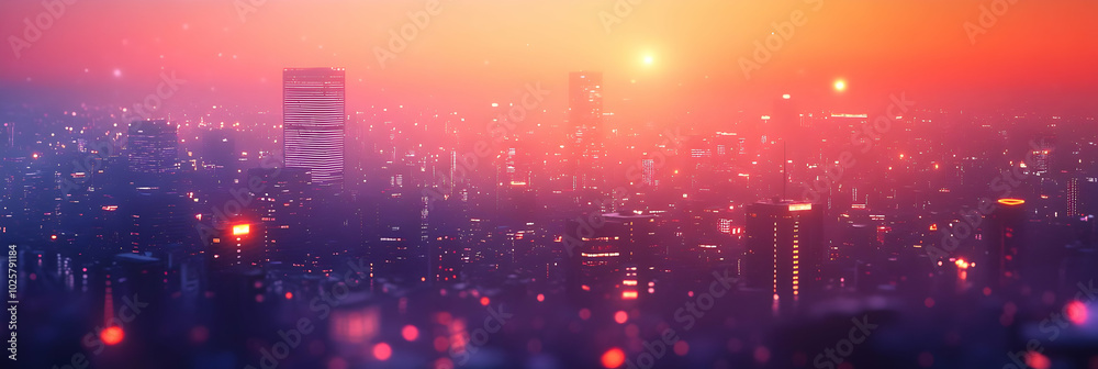 Digital Illustration of a Futuristic Cityscape with a Vibrant Pink and Orange Sunset Digital Illustration of a Futuristic Cityscape with a Vibrant Pink and Orange Sunset